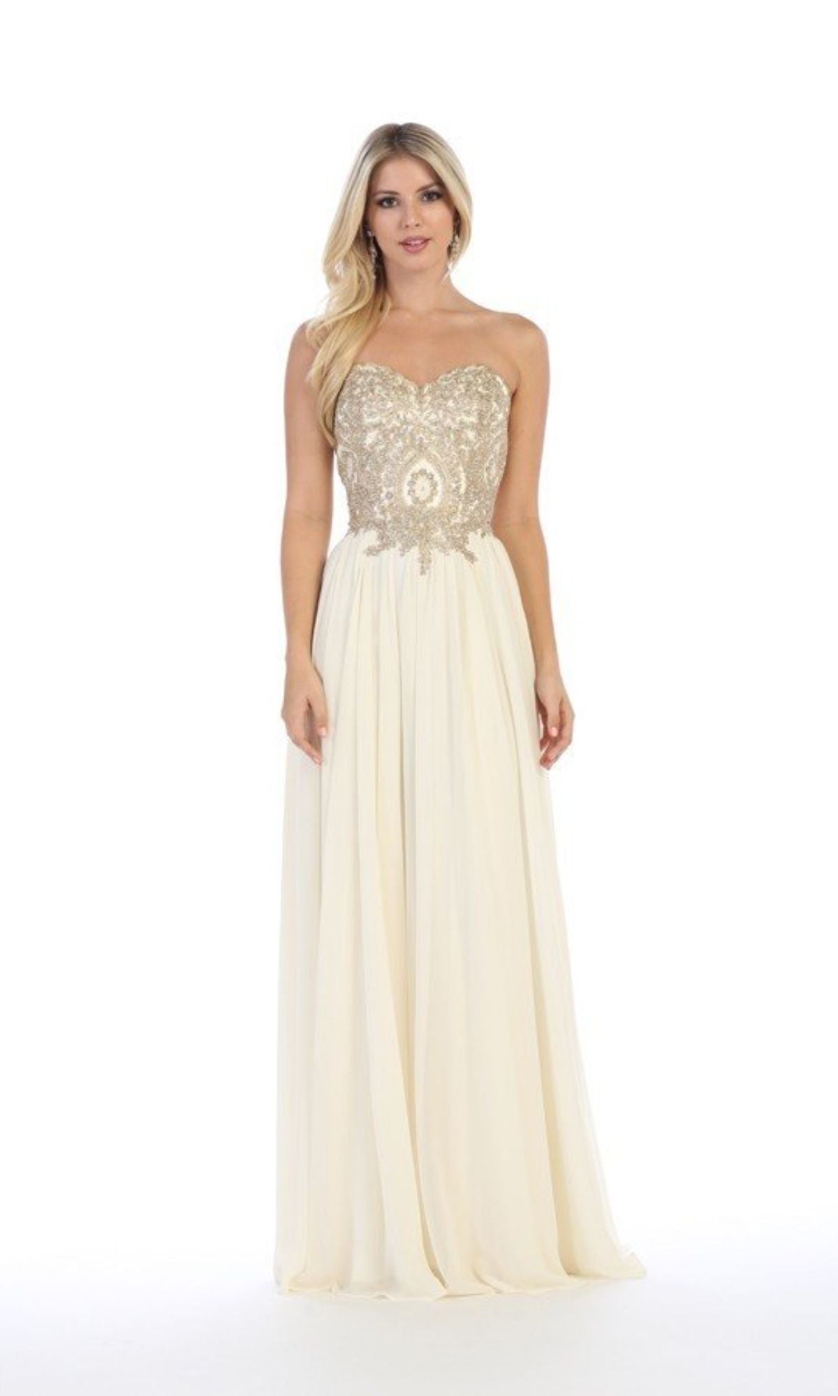 A woman wears the Lace-Up Strapless Long Prom Dress: Chicas C0533, featuring a gold-embroidered bodice and a flowing, floor-length skirt, as she stands against a plain white background.